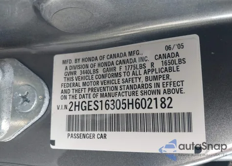 2005 Honda Civic Vp z USA, uszkodzony, nr VIN 2HGES16305H602182